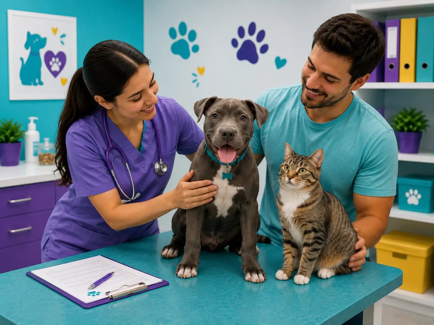 Consulta veterinaria de un perro acompañado por su familia