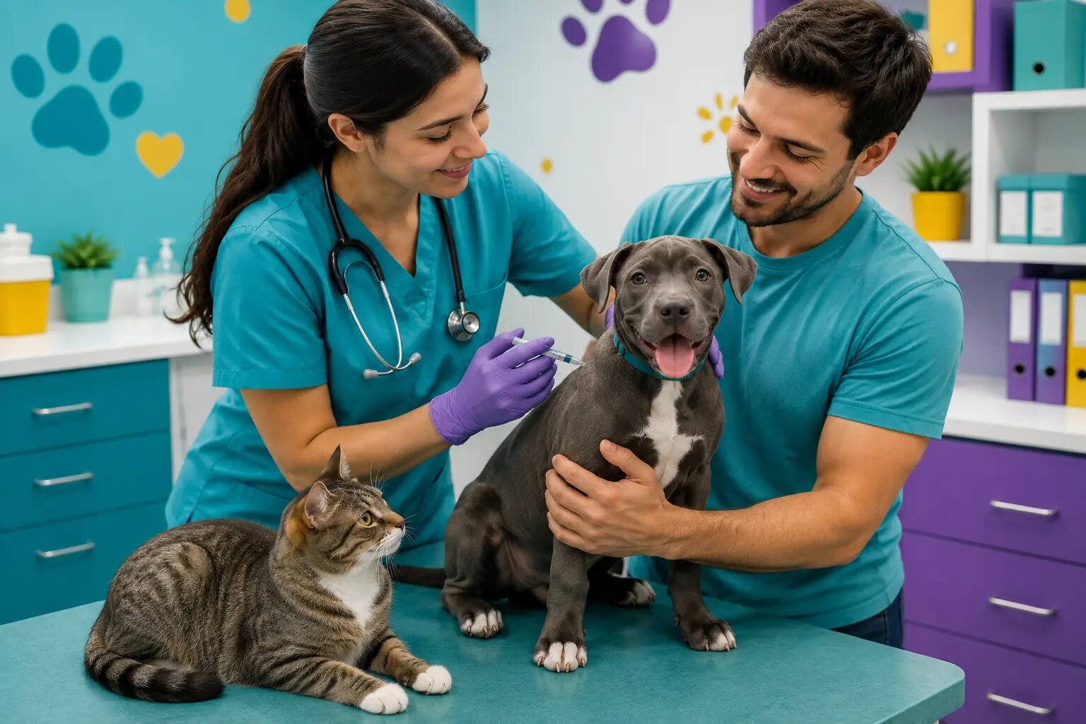Veterinaria vacunando de forma segura a un perro acompañado por su familia